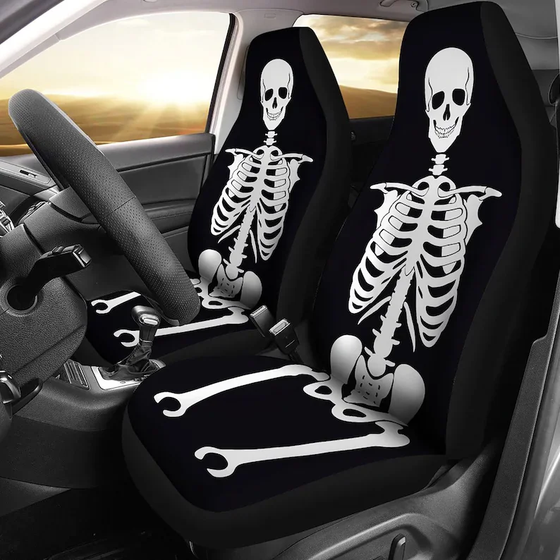 

Skeleton Car Seat Covers Set Black and White Seat Protectors Universal Fit For Car and SUV Bucket Seats Skeleton Car Accessories