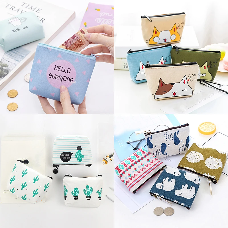 Women Canvas Coin Purse Card Key Mini Purses Pouch Girl Kids Children Cute Small Zipper Coin Purse Card Holder Wallet Bag Case