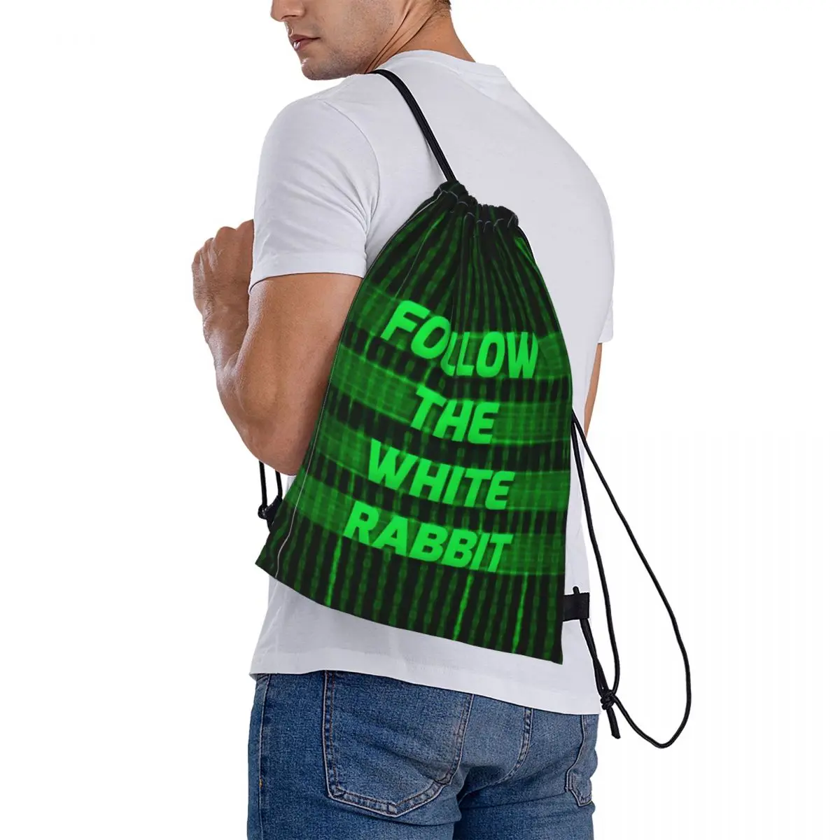 Unique Drawstring Backpack with Follow The Rabbit Design