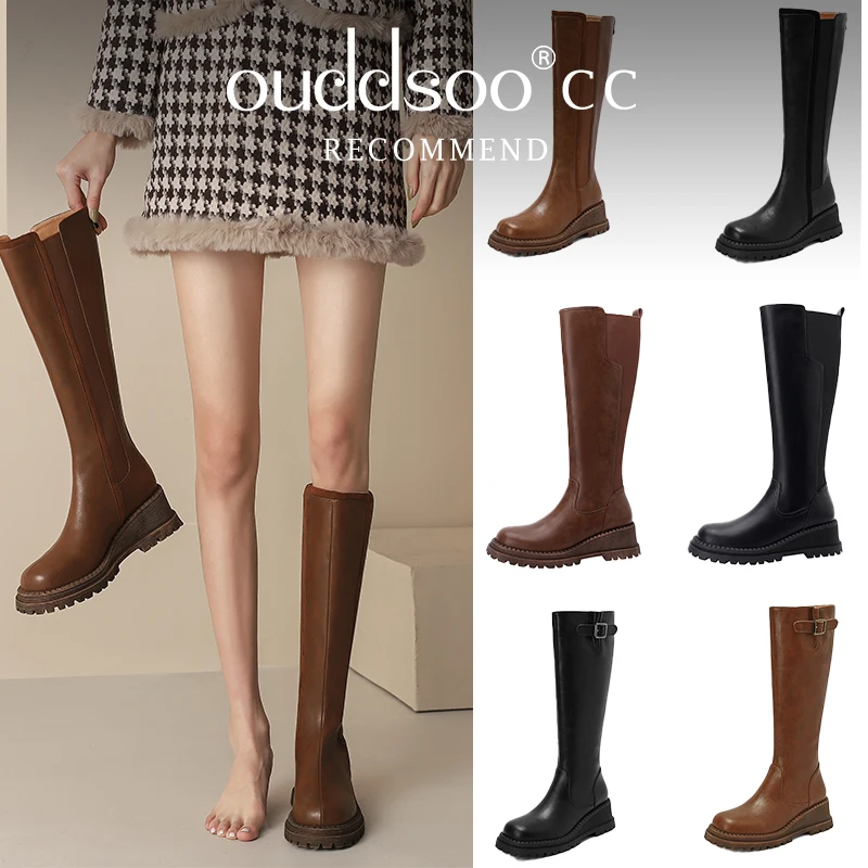 Ods Women Knee-High Boots Genuine Leather Round Toe Thick high Heels Zipper Casual Party Autumn Winter Shoes Woman 40 41 42