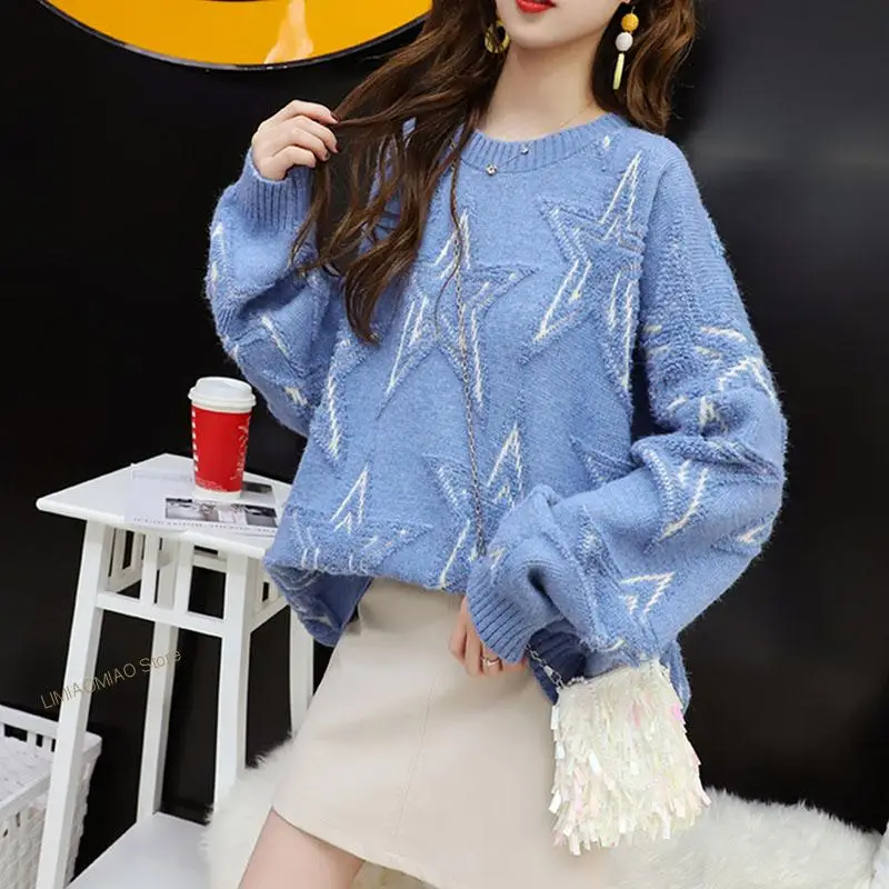 

New Loose Five-pointed Star Red Knit Sweater Women Pullover Tops Autumn Winter New Harajuku O Neck Long Sleeve Knitted Jumper