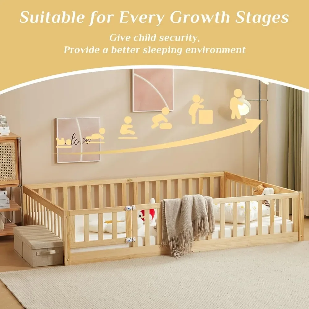 home Toddler Floor Bed with Door and Fence for Kids, Montessori Bed with 12 Slats and Safety Guardrails, Kids Bed Solid Wood 6