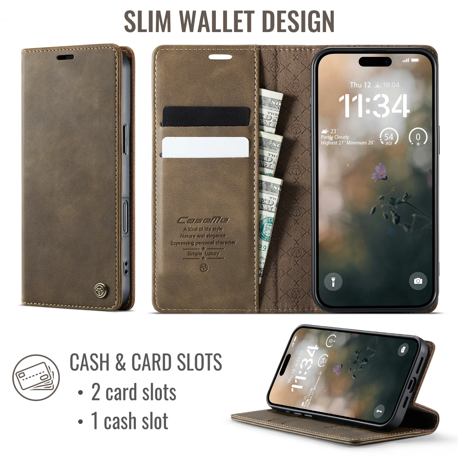 Magnetic Wallet Case Flip PU Leather with Card Slot and Money Pocket