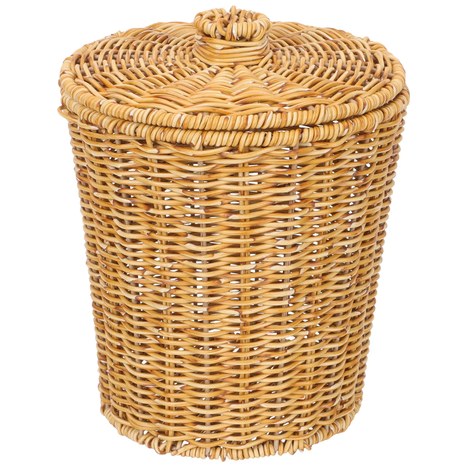 

Imitation Rattan Waste Basket Laundry Hamper with Lid Bedroom Garbage Woven Can