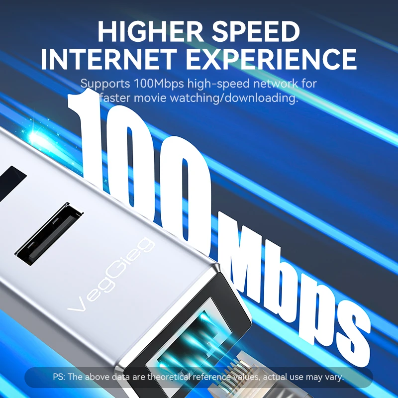 VegGieg 이더넷 어댑터 USB Type-C - 100Mbps, 노트북 PC용 3포트 USB 2.0 허브 포함 - 네트워크 카드 어댑터