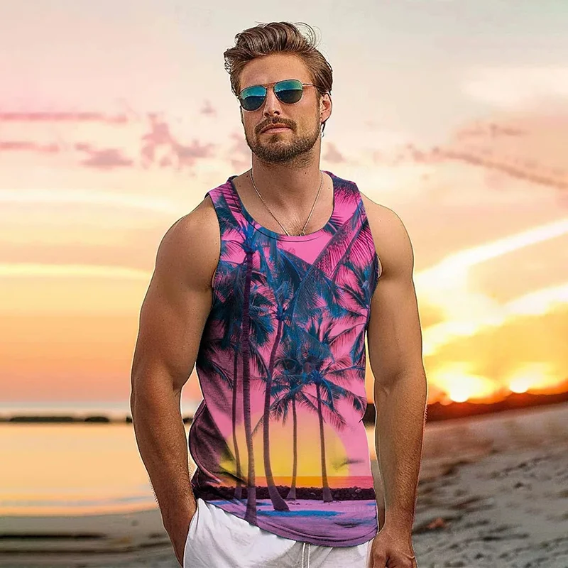 

Harajuku New 3D Tropical Leaves Printing Tank Top Men Coconut Trees Graphic Vest Summer Hawaiian Tank Tops Fashion Clothing Tops