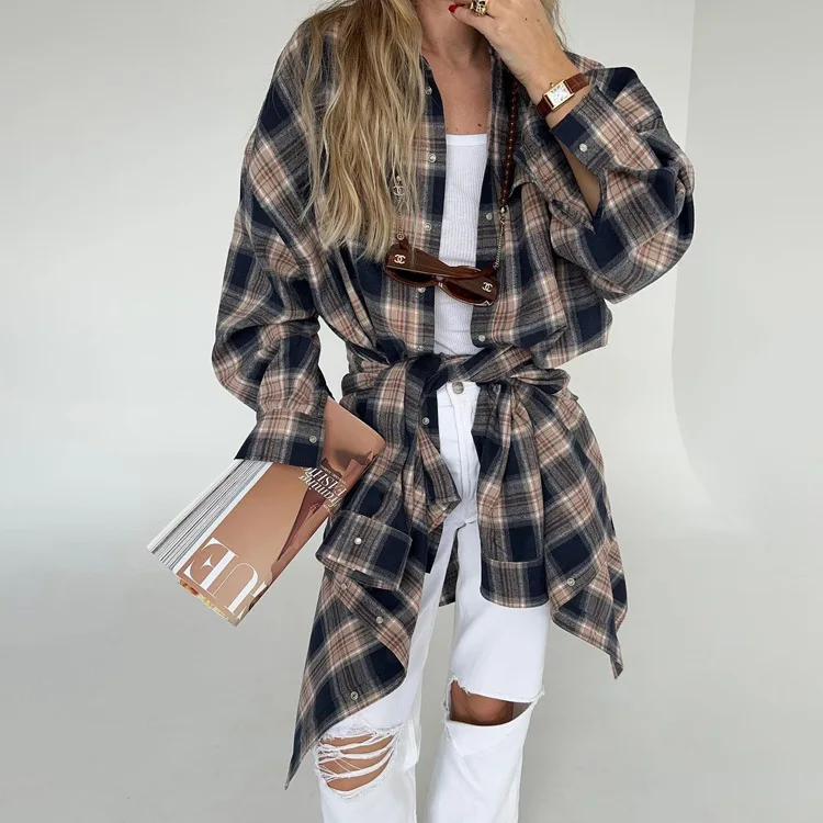 Lapel Autumn 2025 Shirts Outwear Fashion Ladies Contrast Long Sleeve Patchwork Elegant Women Coat Cardigan Female Shirts