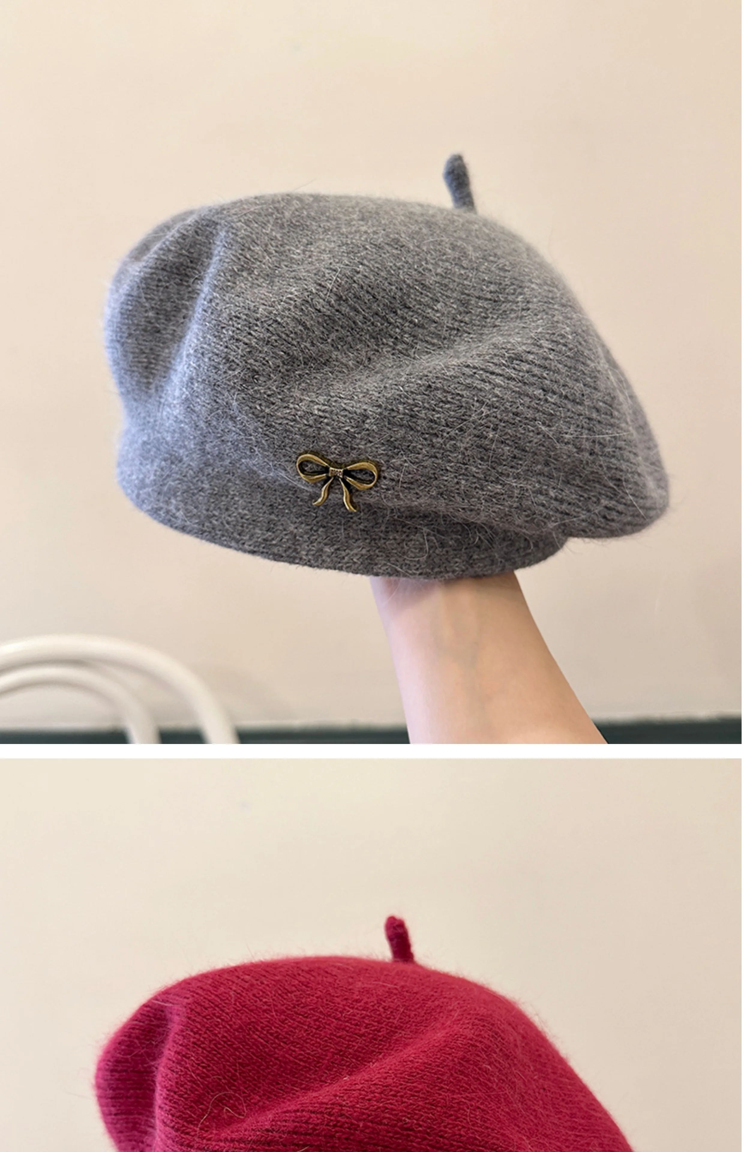 � Gestrickte Baskenmütze im koreanischen Stil mit Metallschleife für Damen, Herbst/Winter, lässige Straßenmütze, trendige warme Mütze für das tägliche Outfit. Neu – Detail 5