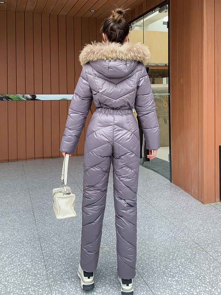 One Piece Ski Suit Women Thicken Snowsuit Zipper Winter Sports Windproof  Rain Fur Collar Jumpsuit Coat at  Women’s Clothing store