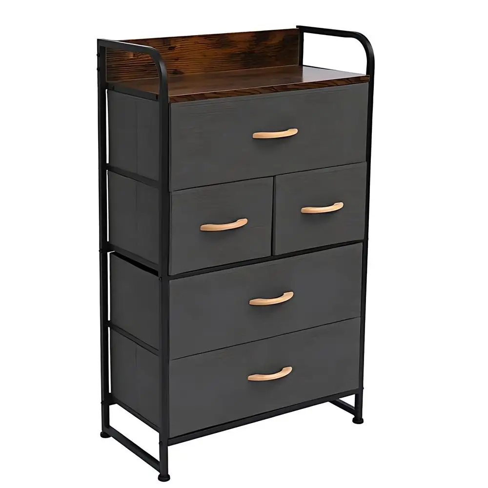 4-Tier Steel Frame Dresser Multi-Purpose Storage Rack Wood Top With Easy Pull Fabric Bins for Dorm Room Living Room Office, Grey
