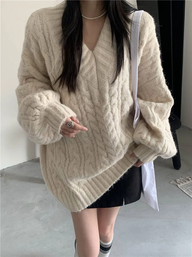 Oversized Sweater Women Fashion Preppy Pink V Neck Knitted Pullovers Harajuku Korean Long Sleeve Knitwear Winter Jumpers