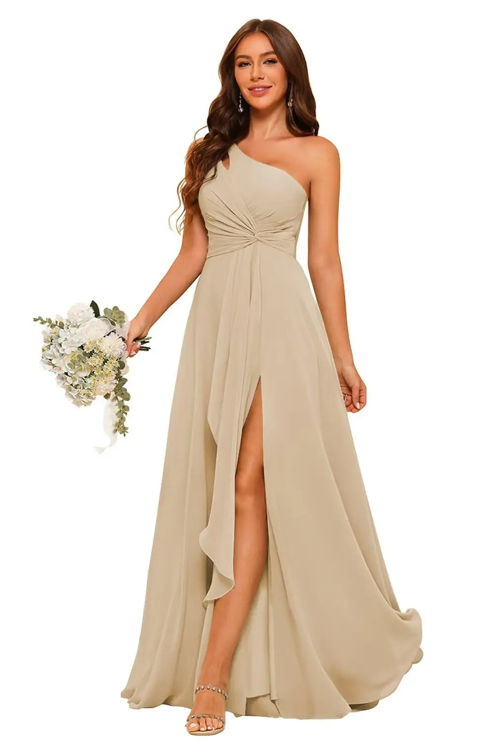 Customized Chiffon One Shoulder Bridesmaid Dress with Pleated Bodice Long A Line Formal Dresses for Women with Slit - 6