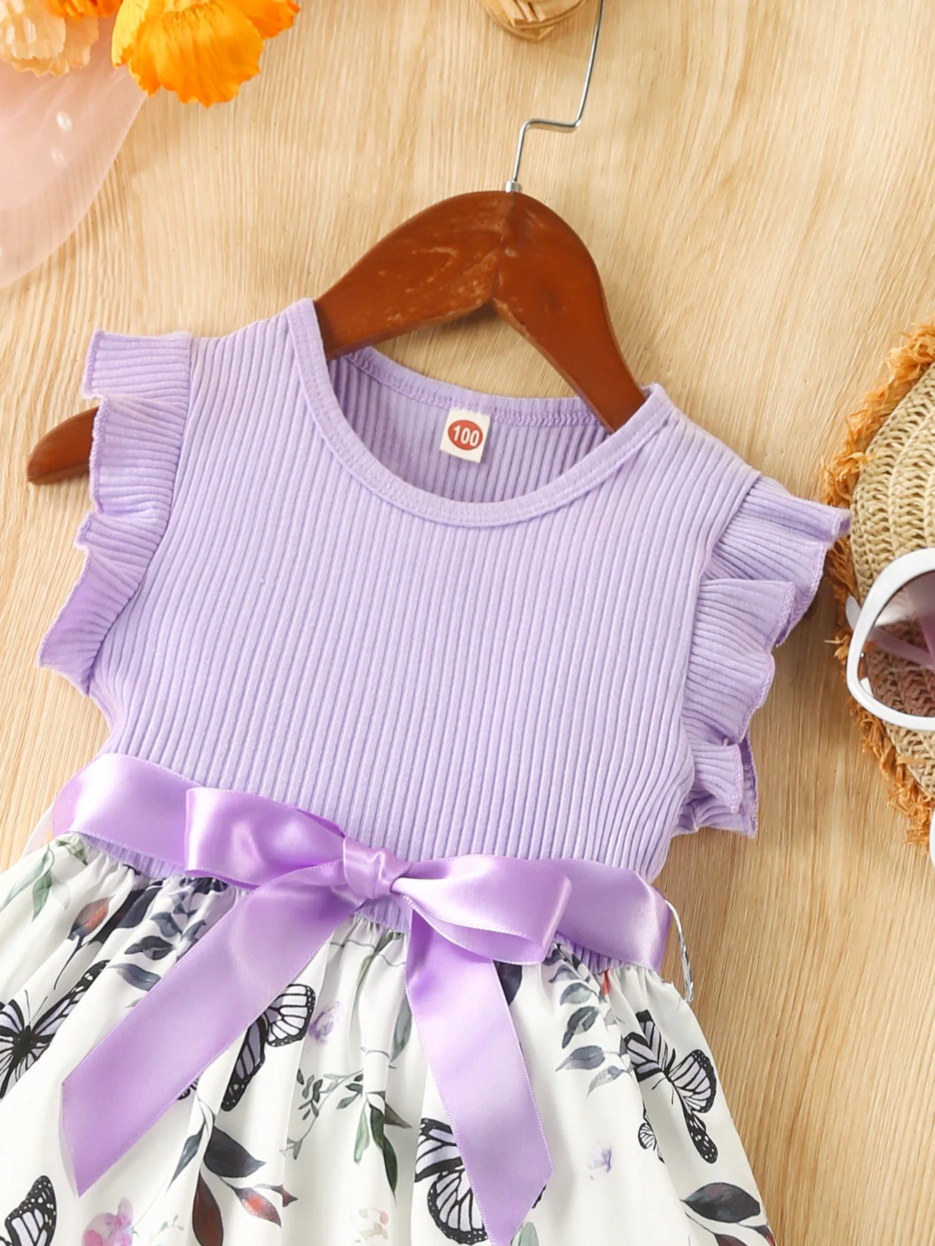 Girls Dress 3-7 Years Old Summer Sweet Casual Ruffled Butterfly Flower Print Party Korean Princess