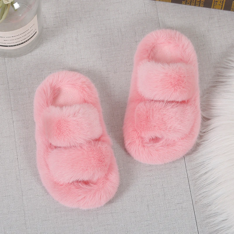 Girls Winter Fur Slippers Classic Plush Non Slip Open Toe Kids Shoes