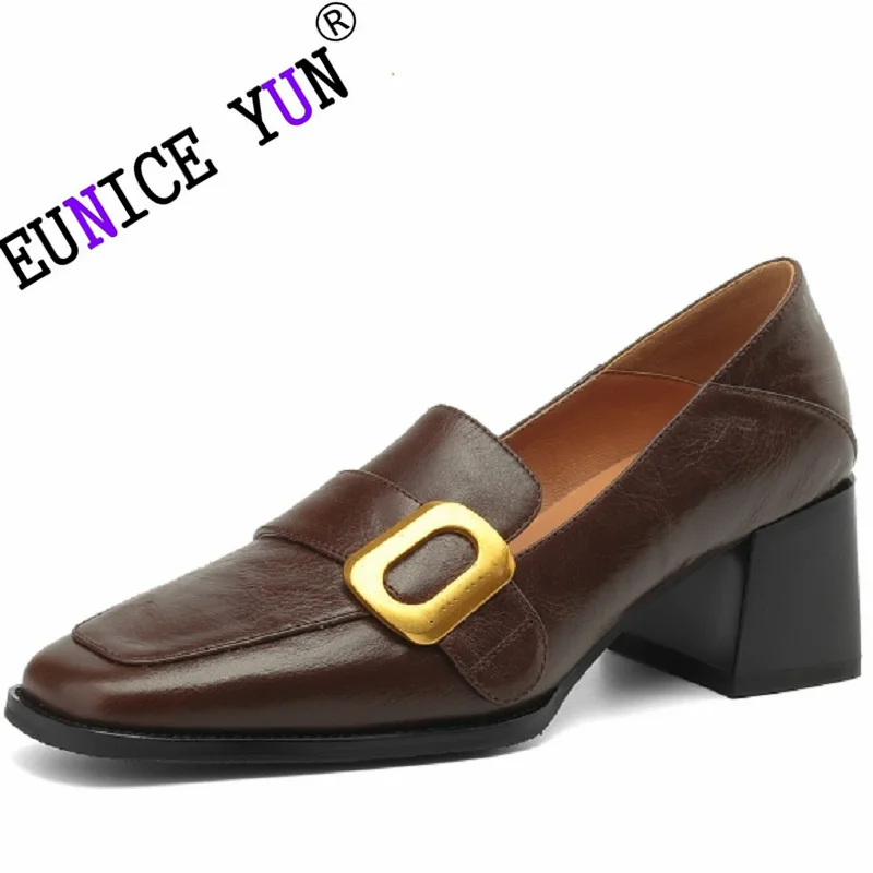 

【EINICE YUN】Cowhide Pumps Women New Arrival Fashion 100% All Genuine Leather Block High Heel Comfortable Handmade Shoe 33-40