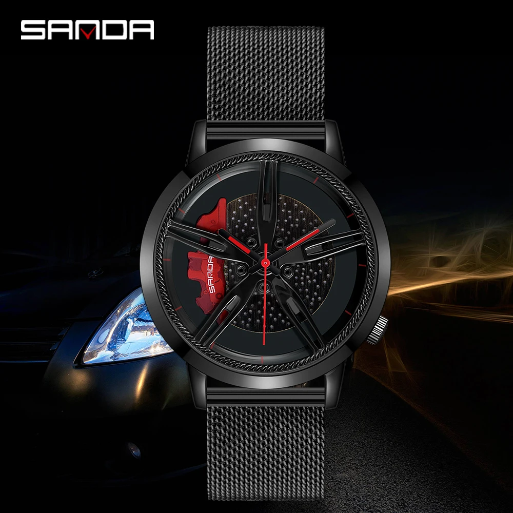 SANDA P1040 New Wheel Rim Hub Watch Stainless Steel Sport Car Quartz Watches Waterproof Creative Luminous Clock Relogio Masculio