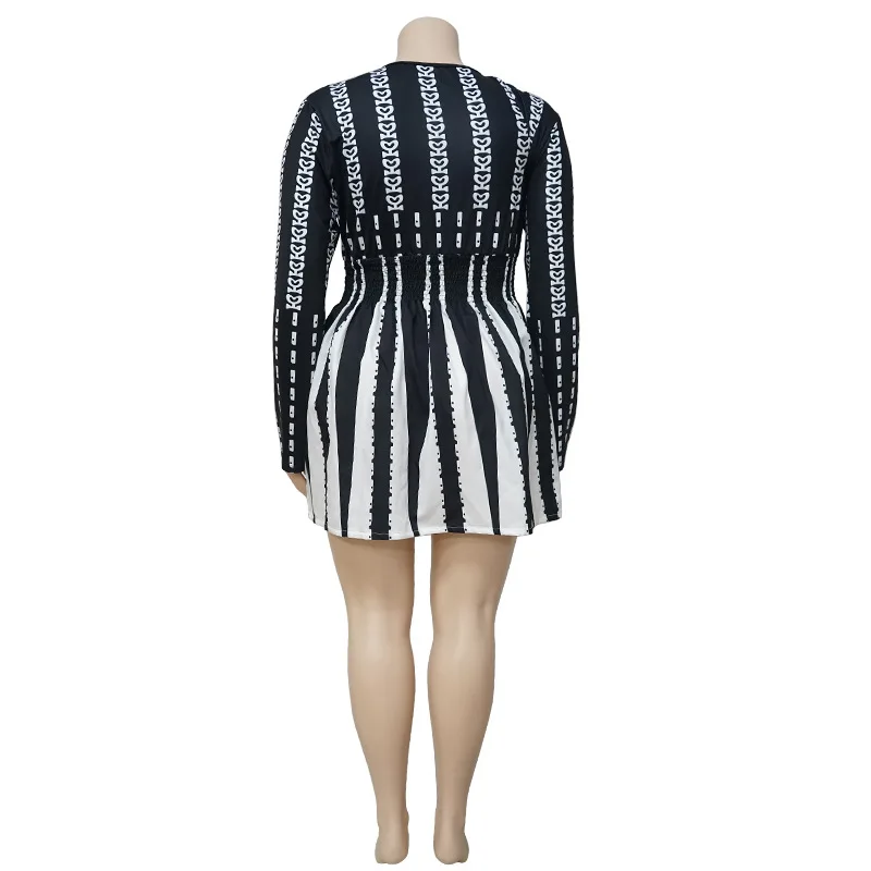 Vintage Striped Printing Plus Size Clothes 2022 Spring Autumn New Round Neck Waist Long Sleeve Mini Dress Casual Female Clothing