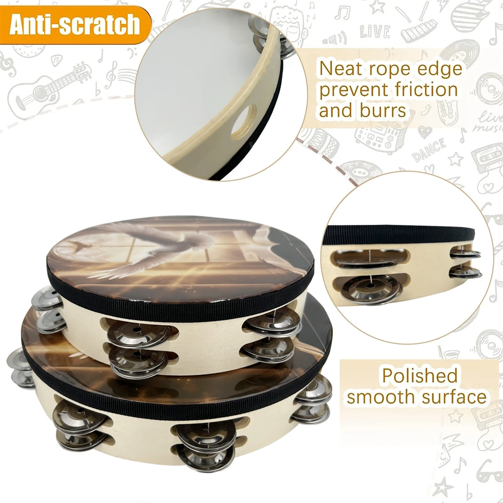 Hand tambourine 8/10-inch wooden tambourine double layer hand clap bell drum church peace dove pattern shake percussion instrument dance