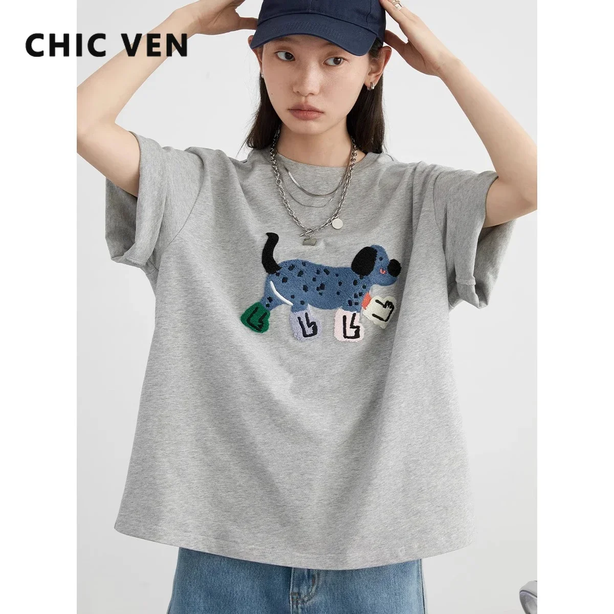 CHIC VEN Women T-Shirts Loose Streetwear Unisex Fun Dog Embroidered Short Sleeve Cotton Girl Tees Female Top Summer 2025