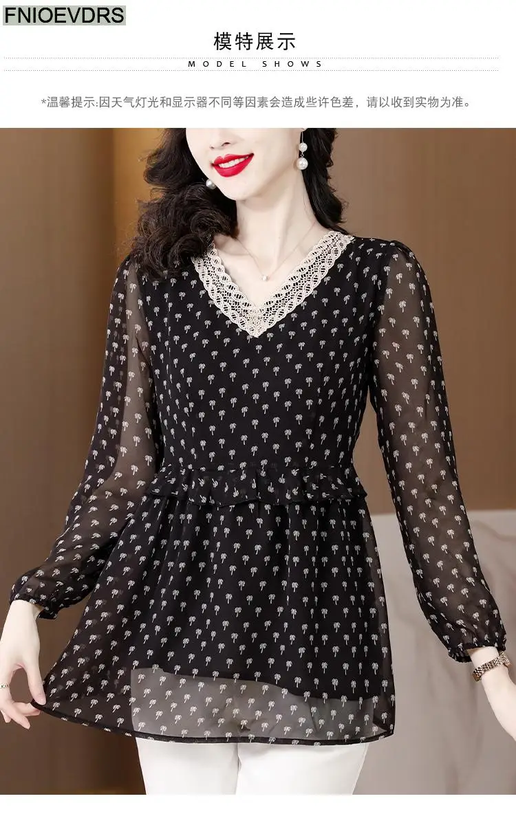 M-5XL 2023 Women European Style Office Lady Long Shirt Patchwork Lace Floral Print Ruffle Belly Black Tunic Peplum Top Blouse