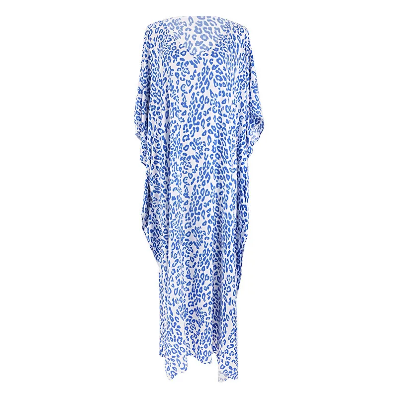 Blue Leopard Printing Bikini Cover Up Long Kimono Cardigan Loose Tunic Women Dress Beach Wear Swim Suit Cover Up