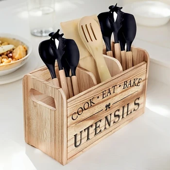 Portautensili da cucina con tre scomparti Scatola portaoggetti in legno rustico Stoviglie vintage Armadietto per piatti da fattoria Forchette Spoo 1