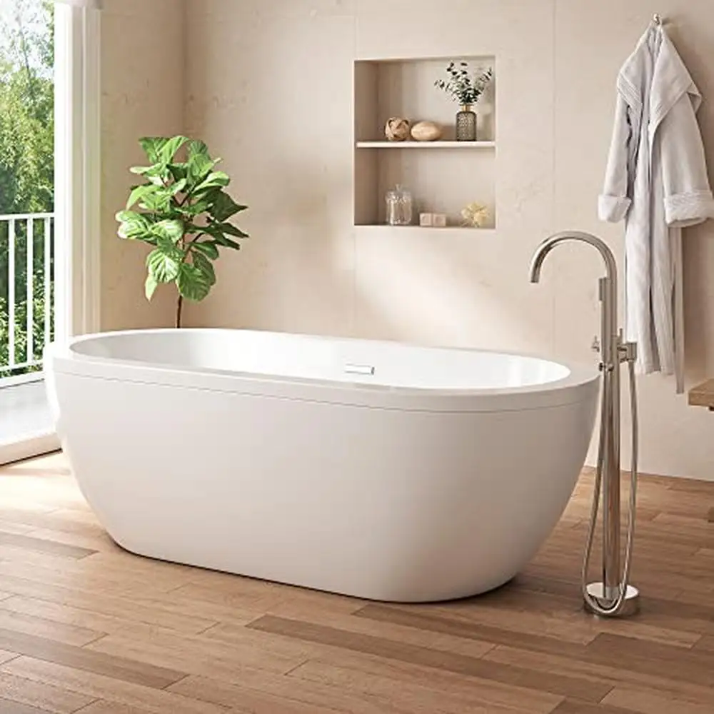 Freestanding Gloss White Acrylic Oval Tub 34"x71" Center Drain Spa-like Relaxation Lightweight & Strong Deck/Wall Mount Faucet 2