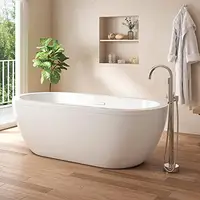 Freestanding Gloss White Acrylic Oval Tub 34"x71" Center Drain Spa-like Relaxation Lightweight & Strong Deck/Wall Mount Faucet 2