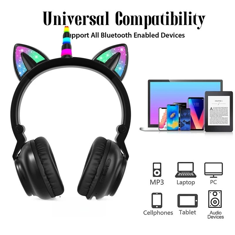 HiFi Girls Wireless Unicorn headphones with Mic phone Stereo Bass Cute Children Music Kid Cat Bluetooth Headsets Support SD Card