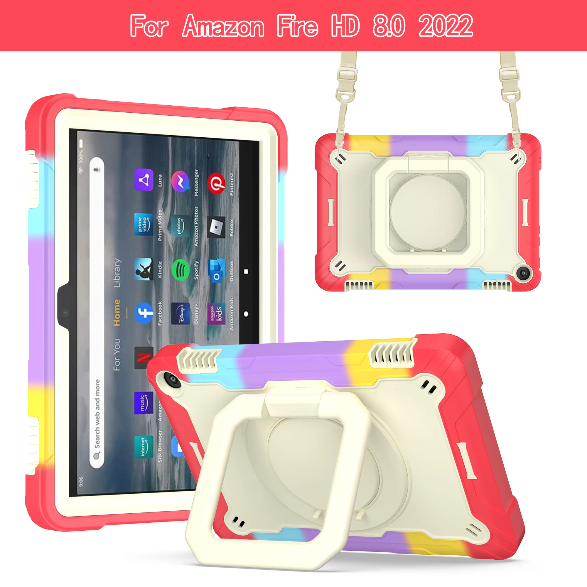 Durable Dropproof Tablet Case with 360° Swivel Holder and Shoulder Straps, Contrasting Design