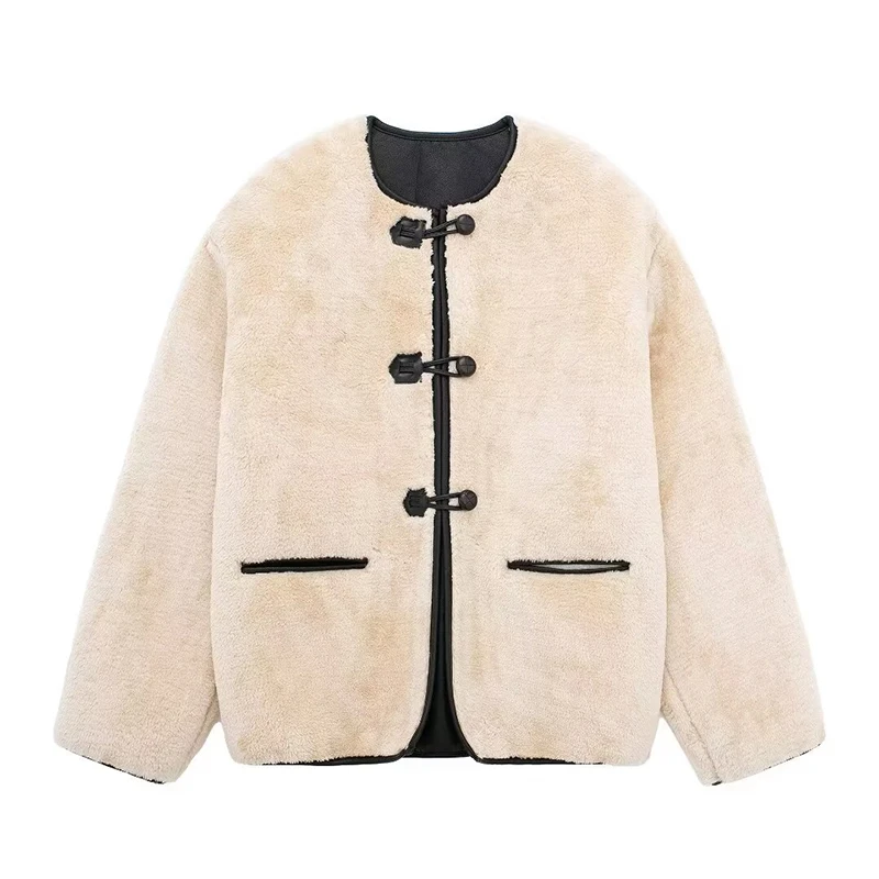 Vintage Lambs Wool Jacket For Women Loose Fleece O-neck Single Breasted Pockets Long Sleeve Fur Coat Autumn Winter Lady Outwear