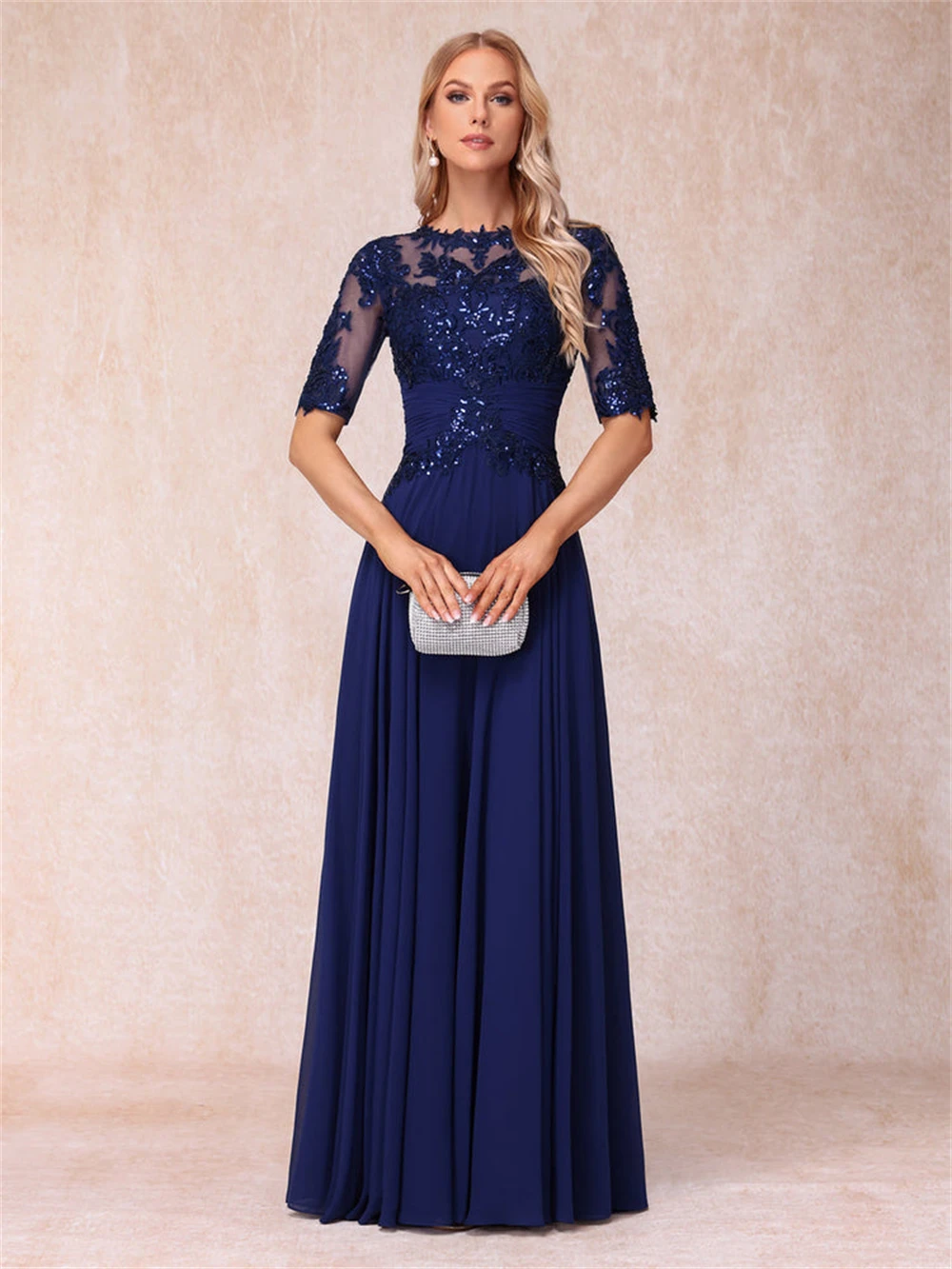 Simple Lace Appliques O-Neck Chiffon Mother of theBride Dresses With Wedding Sleeves A-Line Long Formal Evening Gowns for Women