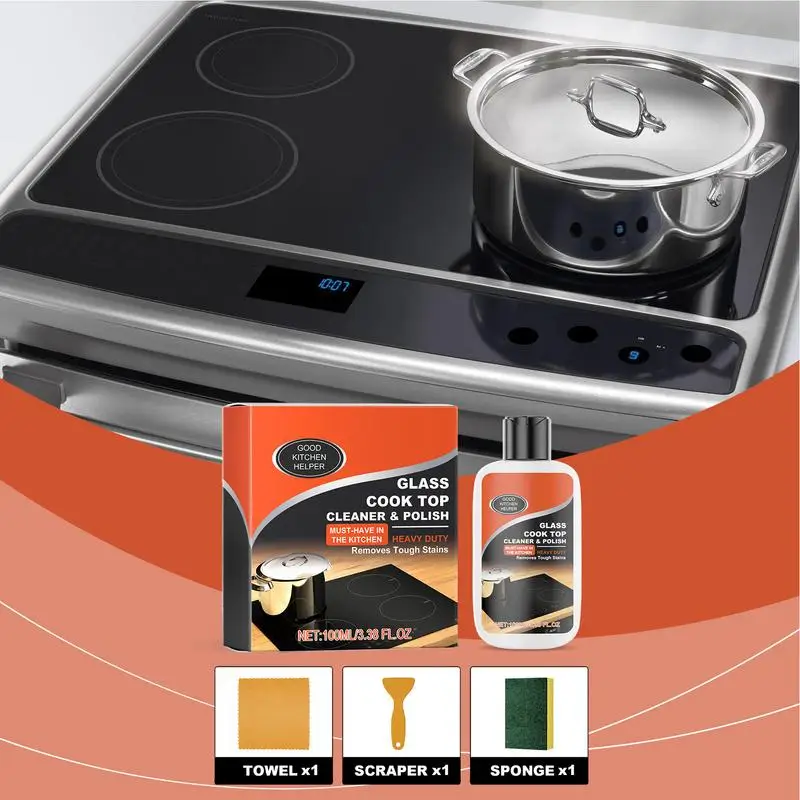 Kitchen Cleaner Kit Non-Scratch Cleaning Kit Glass Cooktop Cleaner Stove Polish Powerful Ceramic Non-Abrasive Kitchen Degreaser