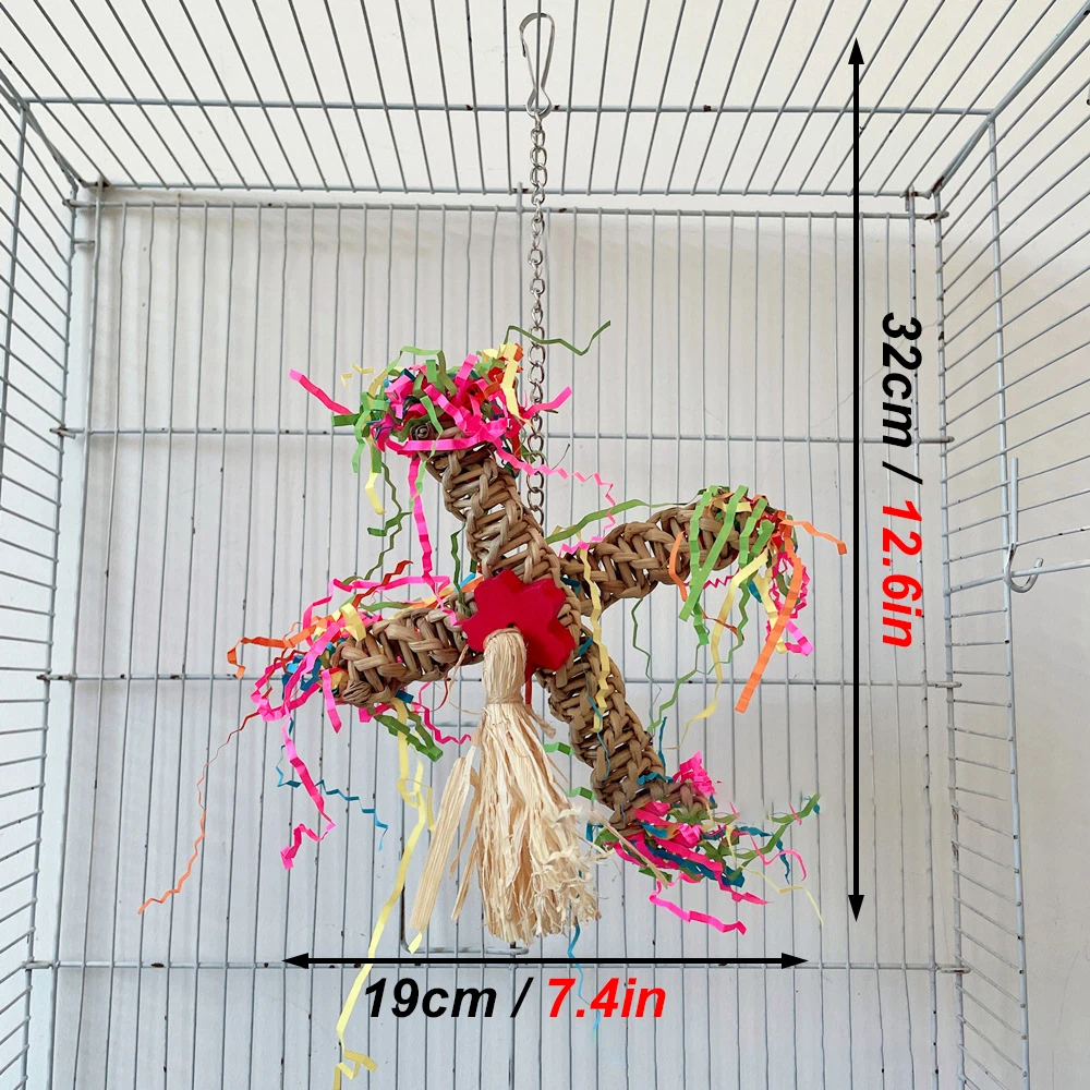 1pc Random Color Rattan Parrot Windmill Chew Toys Hanging Swing Shredder Toys Bird Cage Bite Accessories for Macaws Pet Supplies parrot toy,bird toy,bird cage accessories