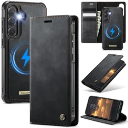 Magnetic Wireless Charging Leather Wallet Phone Case Cover - (Samsung S26 Ultra) (Black)