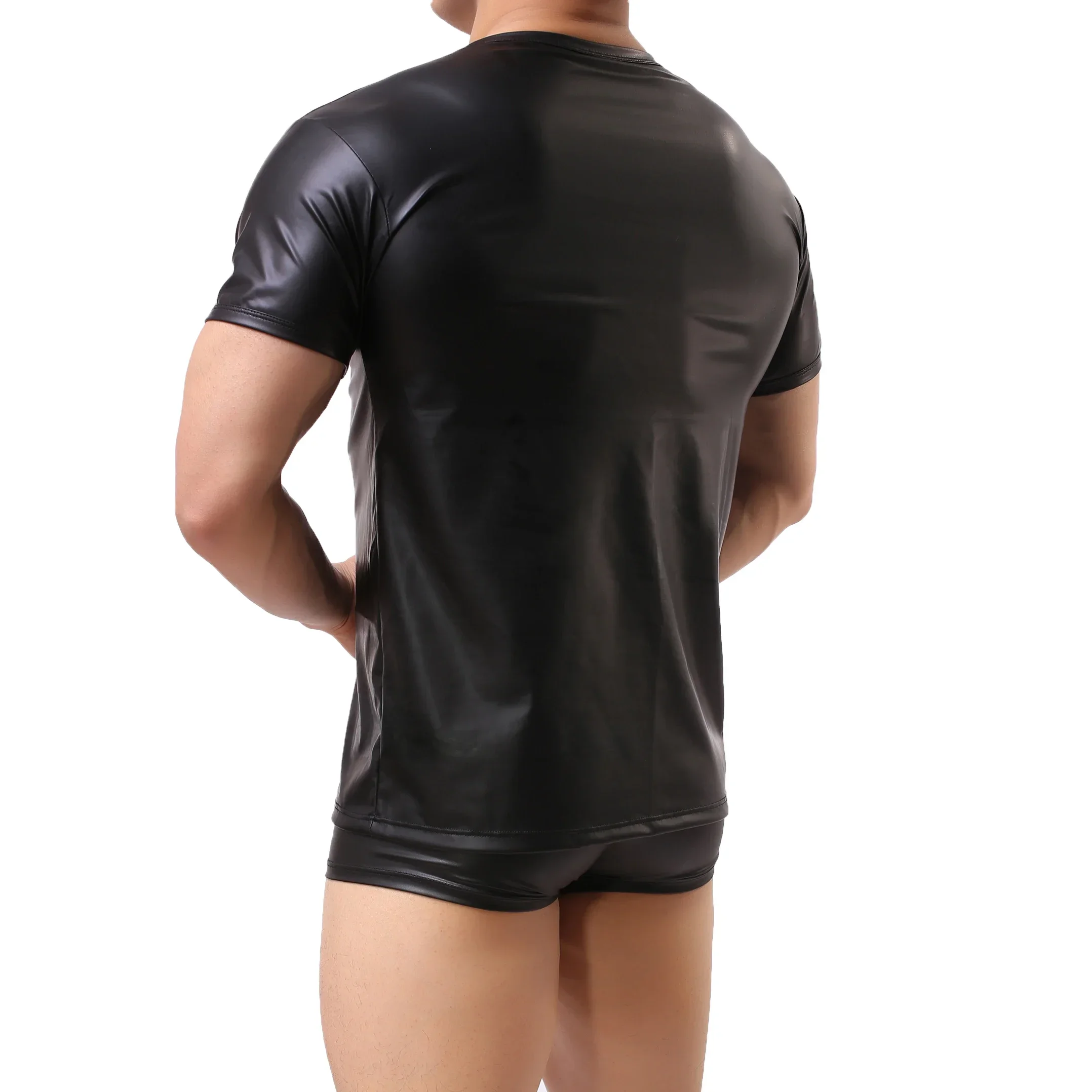 Mens PU Leather Short Sleeve T-shirt Sexy Latex Leather T-shirt Tops Boxer Shorts Underwear Stage Party Clubwear Men Clothes Set