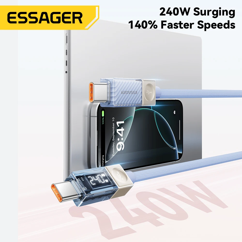 Essager 240W USB Type C Cable 100W PD 3.1 Fast Charging LED Display Charger Wire For MacBook iPhone Samsung Xiaomi iPad Laptop