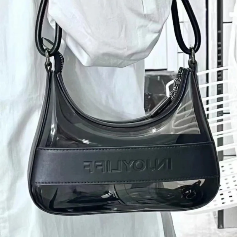Black Transparent Glossy Panel Underarm Bag Women Fashion Design Minimalist Letter Shoulder Bag Ladies Personality Crossbody Bag