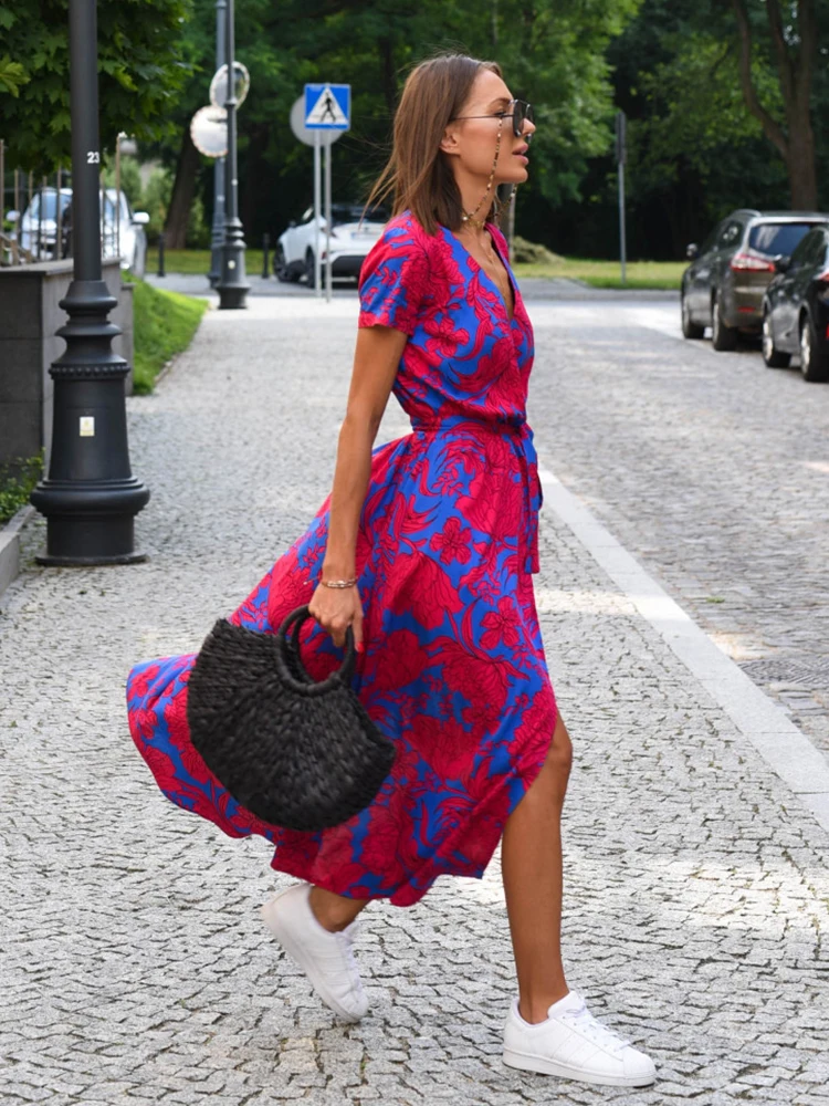 

Women Vintage Maxi Dresses 2023 Sexy Deep V-Neck Short Sleeve Boho Causal Long Dresses Female Beach Lace Up Ruffle Elegant Robe