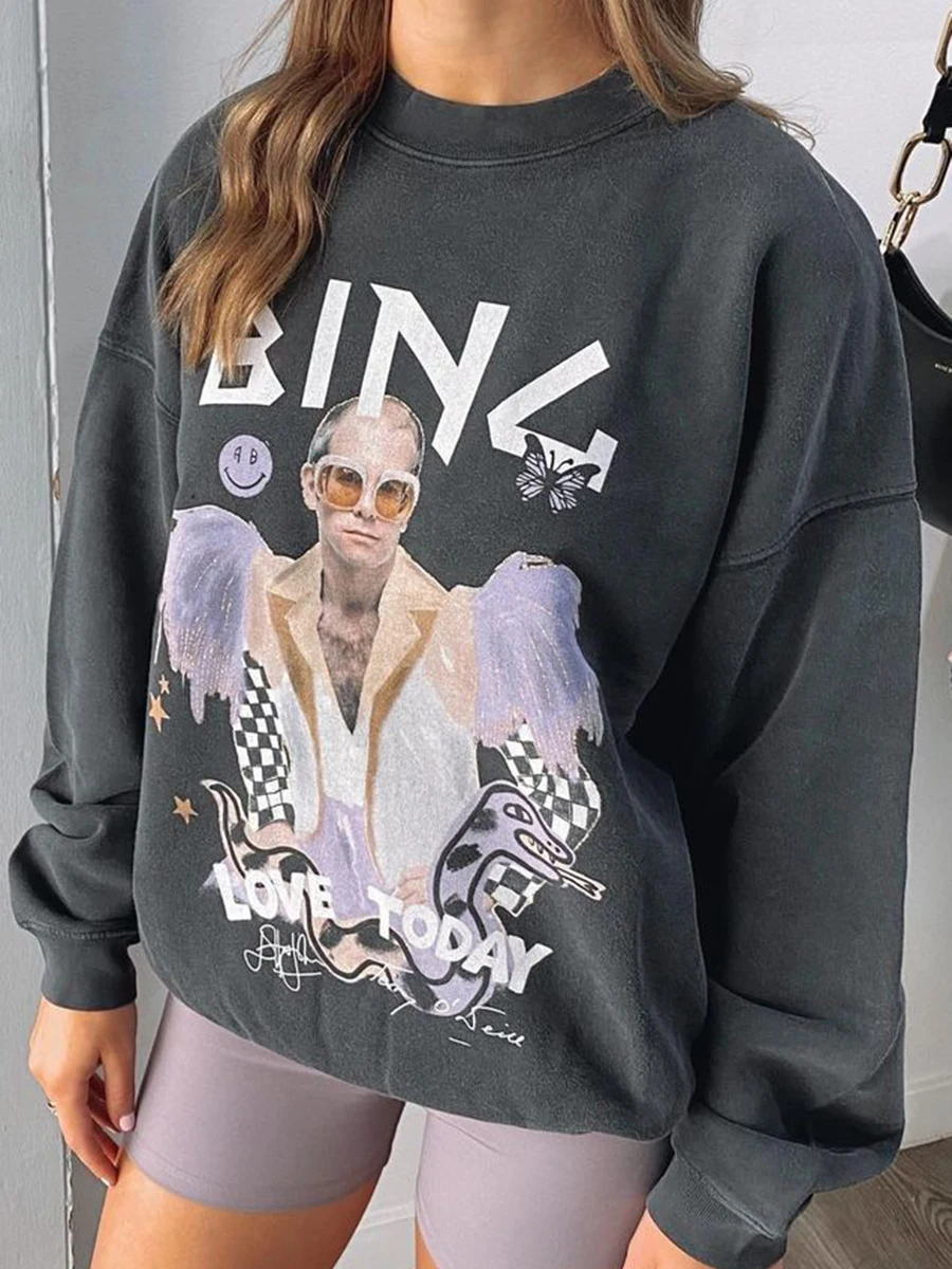 

Chic Men With Wings Print Sweatshirts Women New Neutral Dark Grey Cotton O-neck Casual Loose Hoodies Streetwear Vintage Pullover