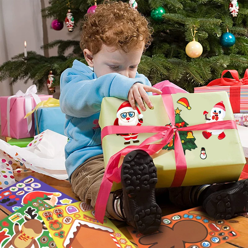 8/16Sheets Christmas Puzzle Stickers Santa Snowman Xmas Tree Make a Face Sticker Kids Party Favors Toy Gift New Year Decoration