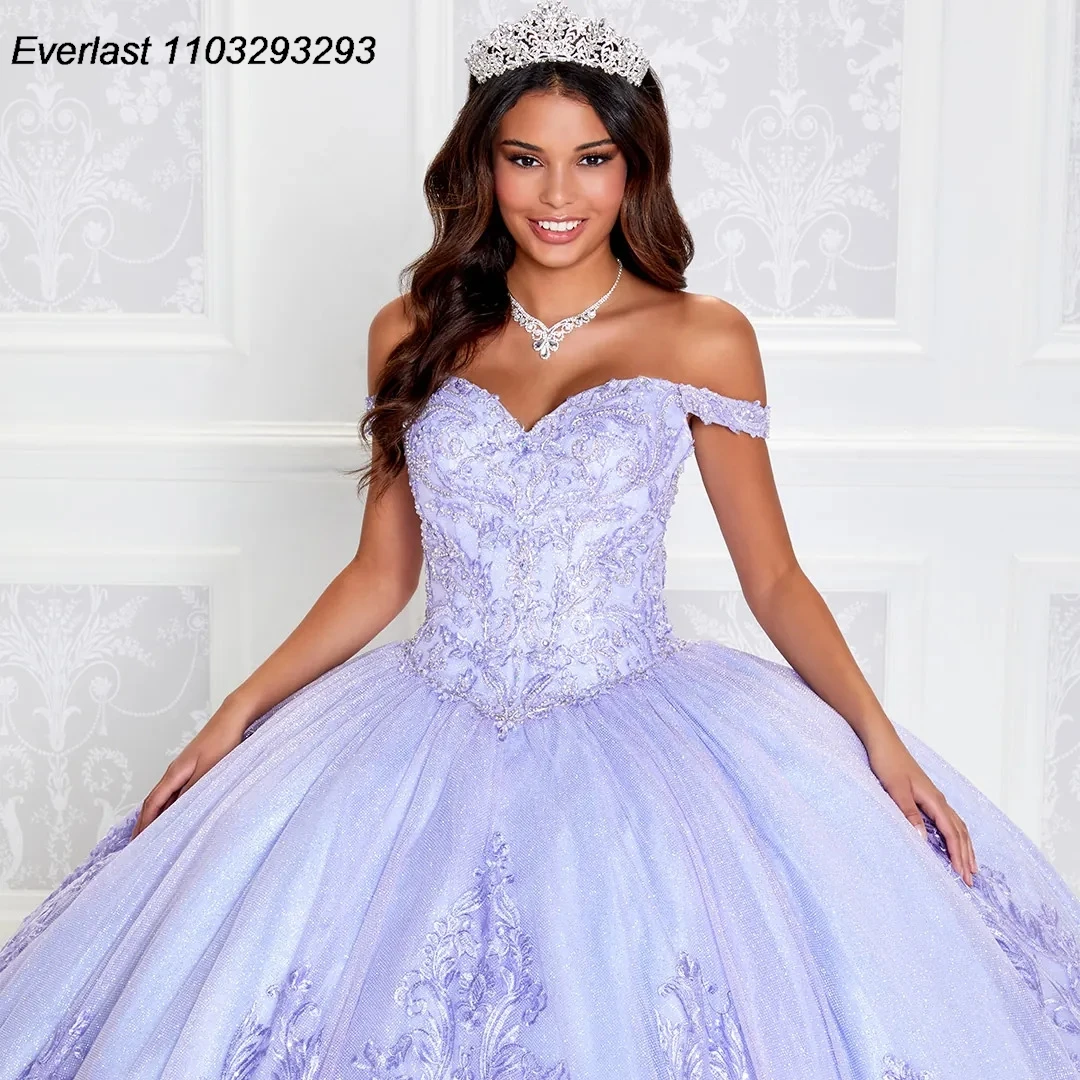 EVLAST Blue Quinceanera Dress Ball Gown Lace Applique Beaded Crystal Off Shoulder Sweet 16 Vestido 15 De A&ntilde;os TQD249