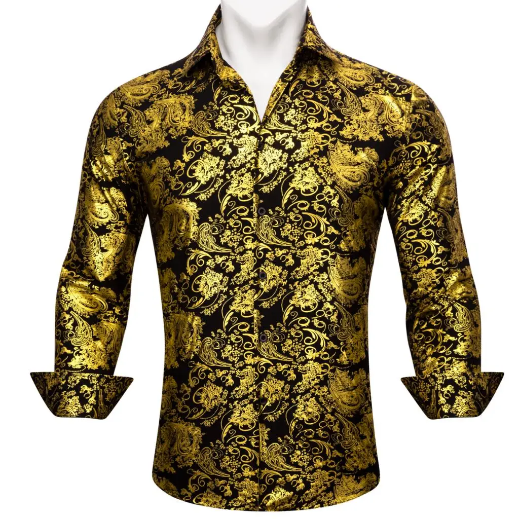 Luxury Silk Shirts for Men Long Sleeve Gold Black Floral Embroidered Regular Slim Fit Male Tops Regular Lapel Bloues Barry Wang