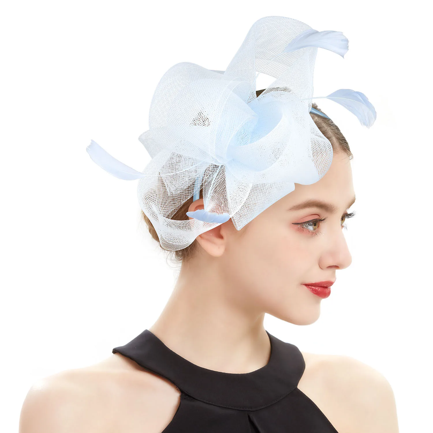 Bridal Fascinator Bow Hat with Headband and Clips Jockey Feathered Top Hat Wedding Cocktail Tea Party Headpiece for Women