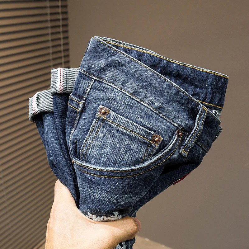 Heavy embroidery personality casual jeans influx of luxury high-end fashion splicing patch Slim men's straight jeans