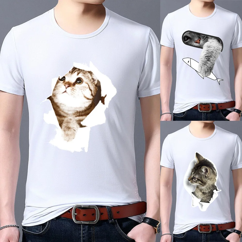 

Classic Men's White T-shirt Casual Slim Printing Cat Pattern Series Commuter O-neck Soft Top Boy T-Shirt Top Tee
