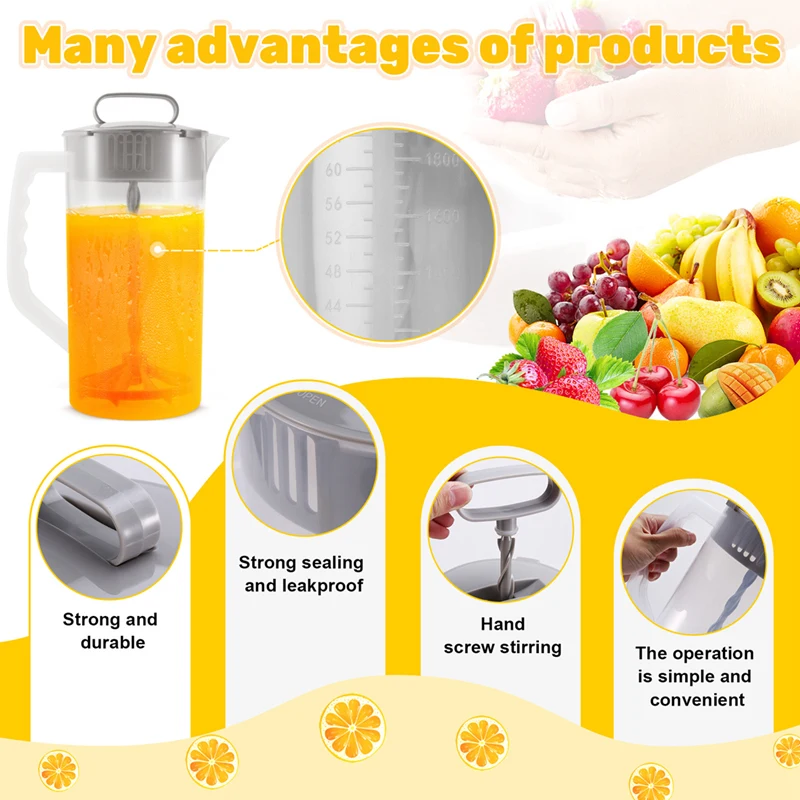 A85Q-Mixing Pitcher For Drinks,2 Quart/64Oz Plastic Water Pitcher With Lid,Easy-Mix Juice Container,Angled Plastic Blades