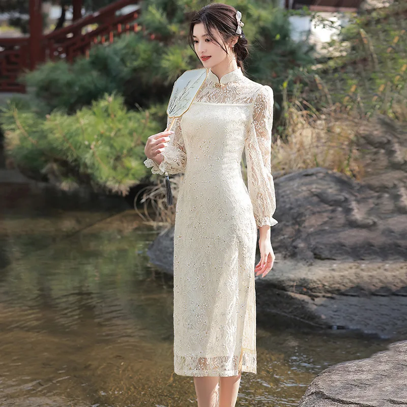

Women Chinese Style Hollow Out Cheongsam Long Sleeve Improved Vintage High Split Dress Elegant Embroidery Long Qipao
