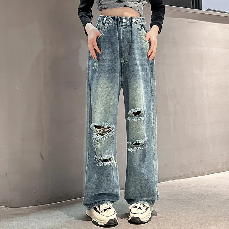 Girls Vintage Ripped Jeans for Fashion High Waist 2024 Spring Autumn Broken Hole Wide Leg Pants Kids Teen Denim Trousers 5-14Yrs