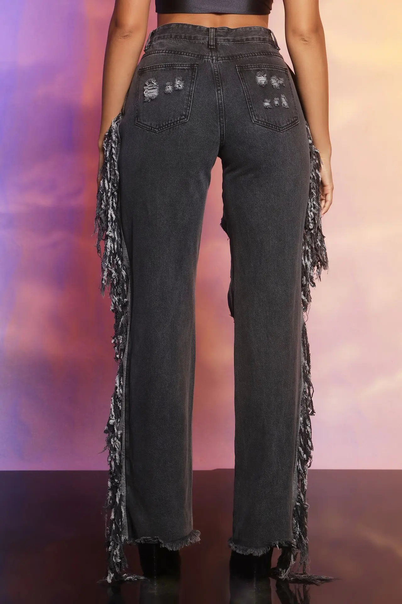 baggy jeans Echoine Fashion Gray Tie Dye Print Denim Pants Hight Waist Wide Leg Trousers Side Tassel Fringe Long Jeans Autumn Winter Pants ripped jeans